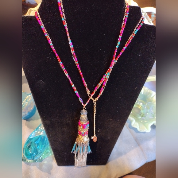 JULES Multicolored seed beads teal pink purple gold tassel Dangle 30" necklace - Picture 1 of 8